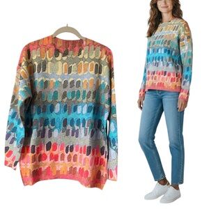 Artistic Abstract Multi-Color Mohair-Blend Crewneck Colorful Print Sweater XL